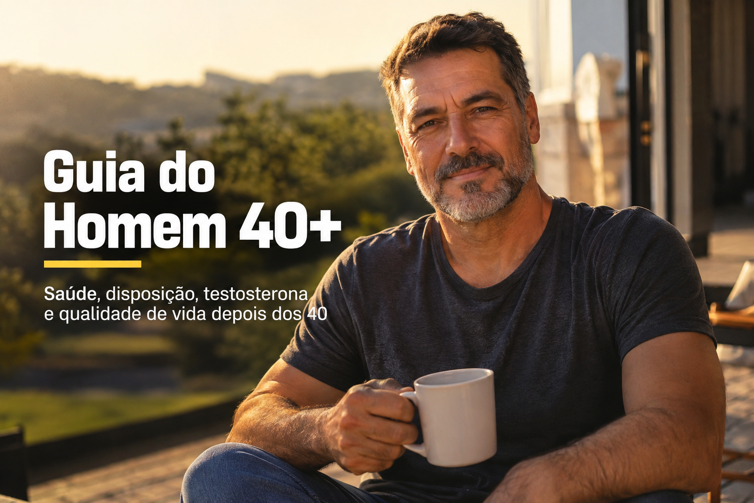 Homem de meia-idade sorrindo, tomando café numa varanda ao entardecer. Capa do Guia do Homem 40+